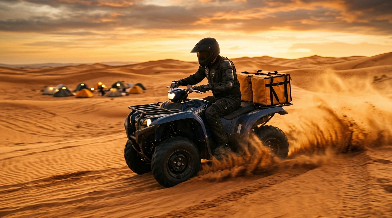 Sealine desert camp at golden hour with Bedouin tents and warm lights